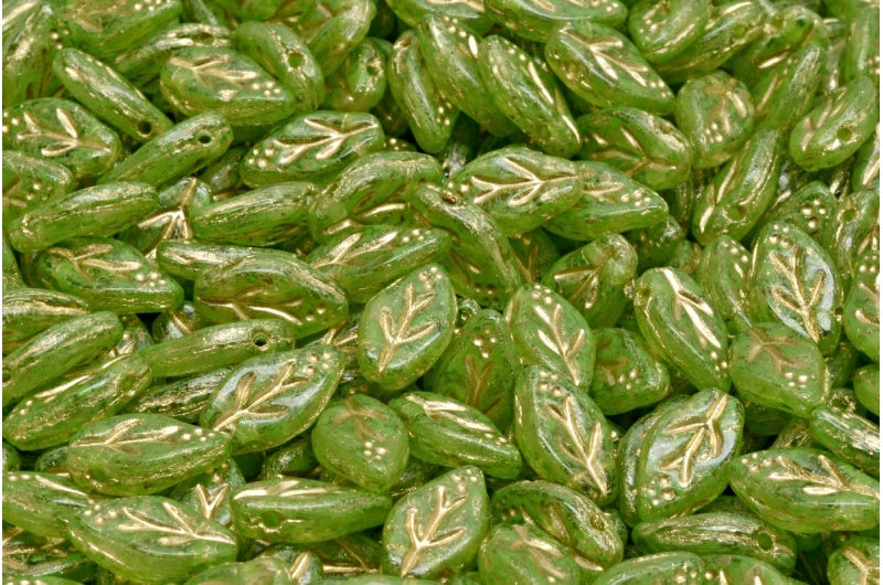 Cherry Leaf Beads, Crystal Green Spotted Gold Lined (00030-33311-54302), Glass, Czech Republic