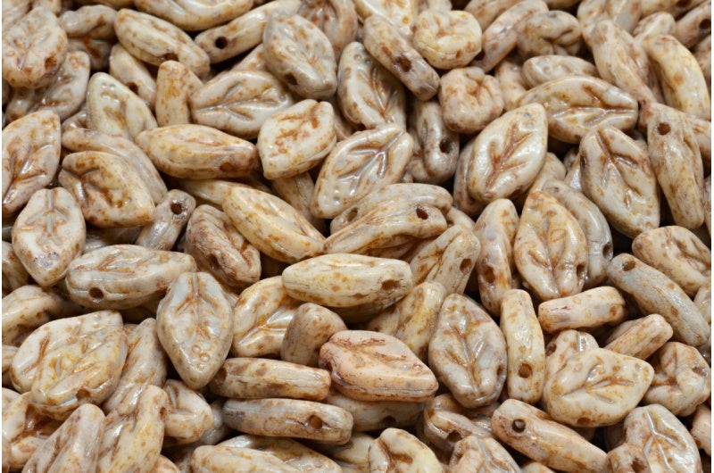 Cherry Leaf Beads, White Travertin Beige Spotted (02010-86800-33312), Glass, Czech Republic