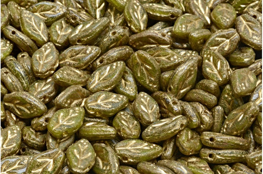 Cherry Leaf Beads, Transparent Green Opaque Green Travertin Gold Lined (50220-53400-86800-54302), Glass, Czech Republic