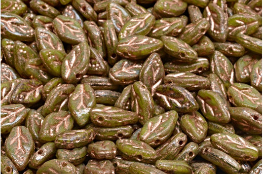 Cherry Leaf Beads, Transparent Green Opaque Green Travertin Copper Lined (50220-53400-86800-54307), Glass, Czech Republic