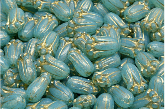 Tulip Bud Beads, Opal White Gold Lined Light Aqua Blue (01000-54302-34308), Glass, Czech Republic