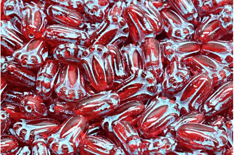 Tulip Bud Beads, Ruby Red Light Blue Lined (90080-54308), Glass, Czech Republic