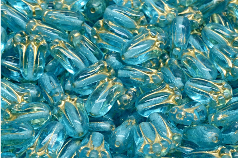 Tulip Bud Beads, Transparent Aqua Gold Lined (60000-54302), Glass, Czech Republic