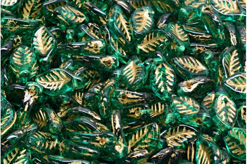 Bay Leaf Beads, Transparent Green Emerald Gold Lined (50730-54302), Glass, Czech Republic