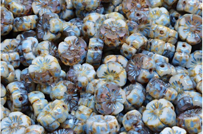 Table Cut Hawaii Flower Beads, White Transparent Light Amethyst Travertin Blue Spotted (02010-20310-86800-33308), Glass, Czech Republic