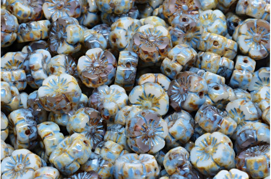 Sunset Flower Beads, White Transparent Light Amethyst Travertin Blue Spotted (02010-20310-86800-33308), Glass, Czech Republic
