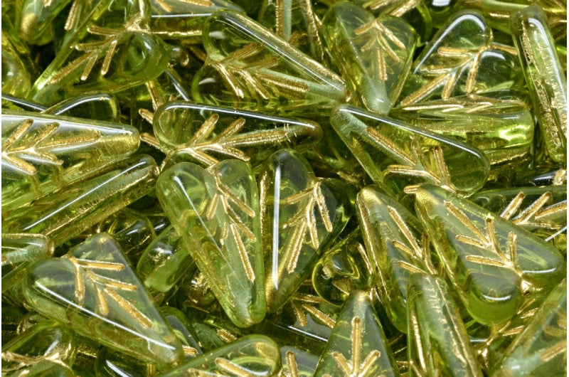 Heart Leaf Bead, Transparent Green Gold Lined (50400-54302), Glass, Czech Republic