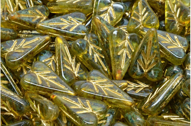 Heart Leaf Bead, Transparent Green Travertin Gold Lined (50400-86800-54302), Glass, Czech Republic