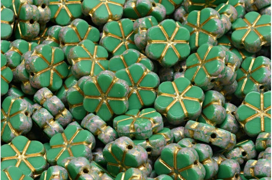 Daisy Flower Bead, Opaque Green Warm Purple Spotted Gold Lined (53230-33304-54302), Glass, Czech Republic