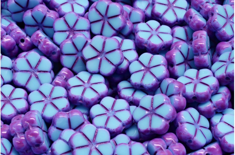 Daisy Flower Bead, Blue Pink Spotted (63020-33306), Glass, Czech Republic