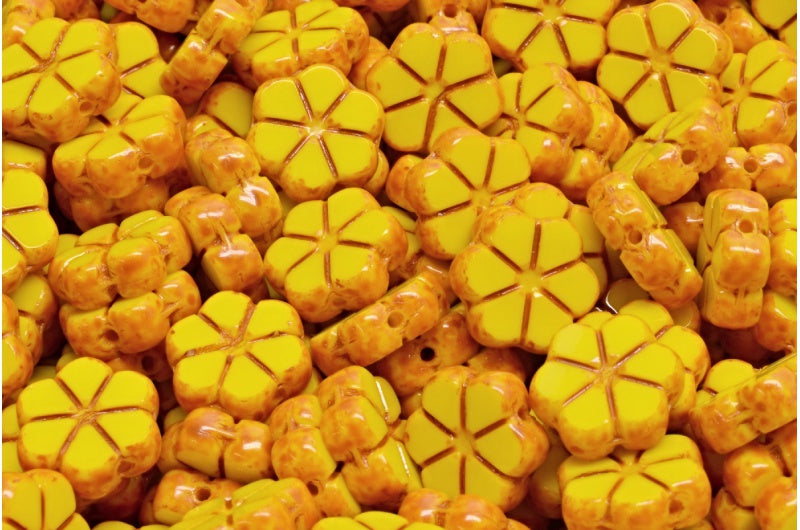 插座，10克桌形切割花环花珠，10 x 10 毫米，黄橙斑点 (83120-33302)，玻璃，捷克共和国