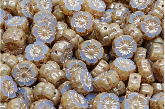 Sunset Flower Beads, Opal White Picasso (01000-43400), Glass, Czech Republic