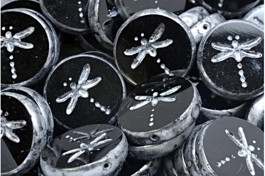 OUTLET 10 grams Table Cut Dragonfly Beads, 17 x 17 mm, Black Silver Splash (23980-86700), Glass, Czech Republic