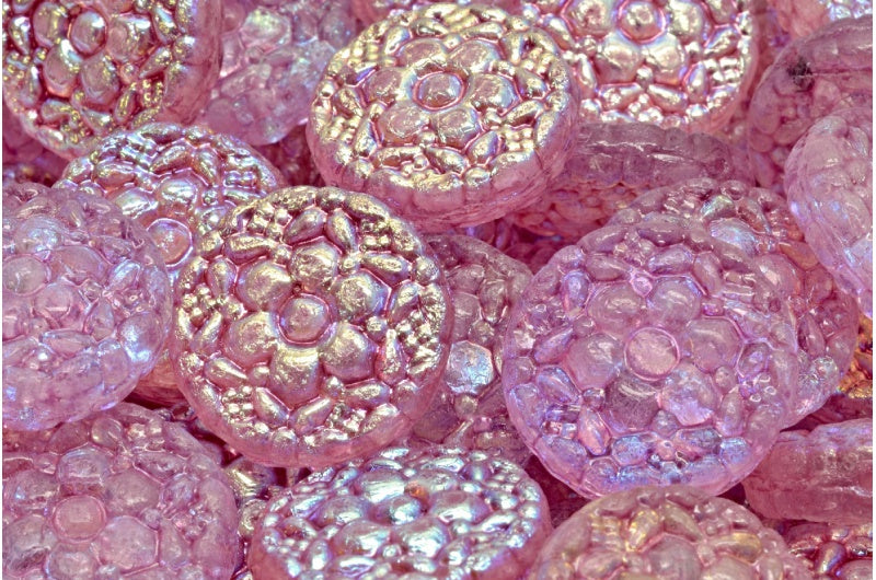 Spring Flower Round Beads, Crystal Ab Light Fuchsia Pink (00030-28701-34306), Glass, Czech Republic