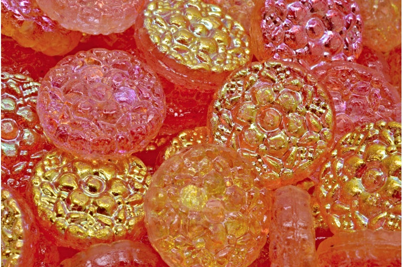 Spring Flower Round Beads, Crystal Glossy Red Gold (00030-48101), Glass, Czech Republic