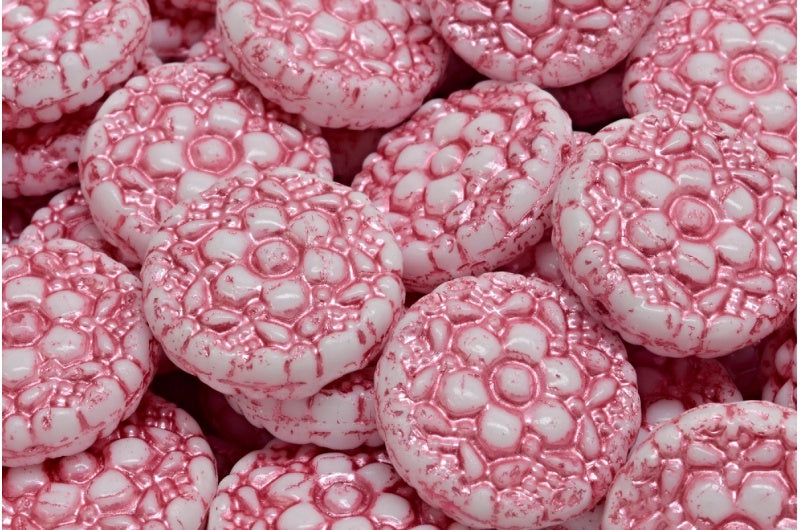 Spring Flower Round Beads, White Pink Lined (02010-54321), Glass, Czech Republic