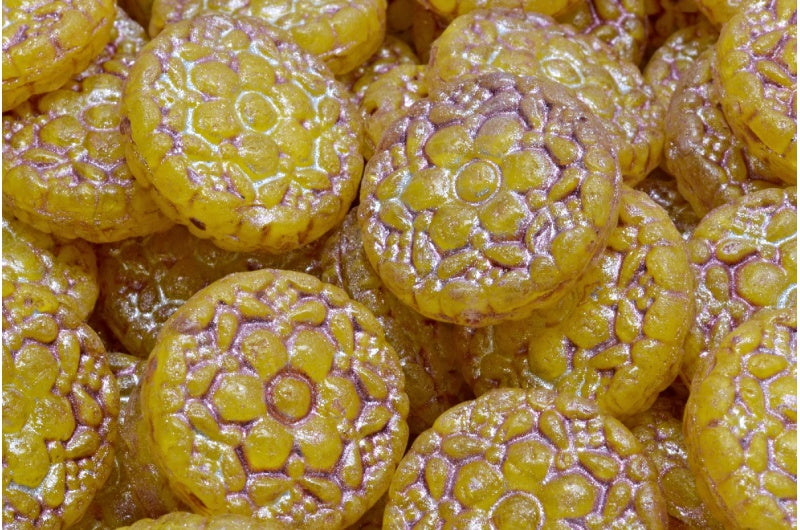 Spring Flower Round Beads, Yellow Opal Mix F4301 Light Fuchsia Pink (R0813-F4301-34306), Glass, Czech Republic