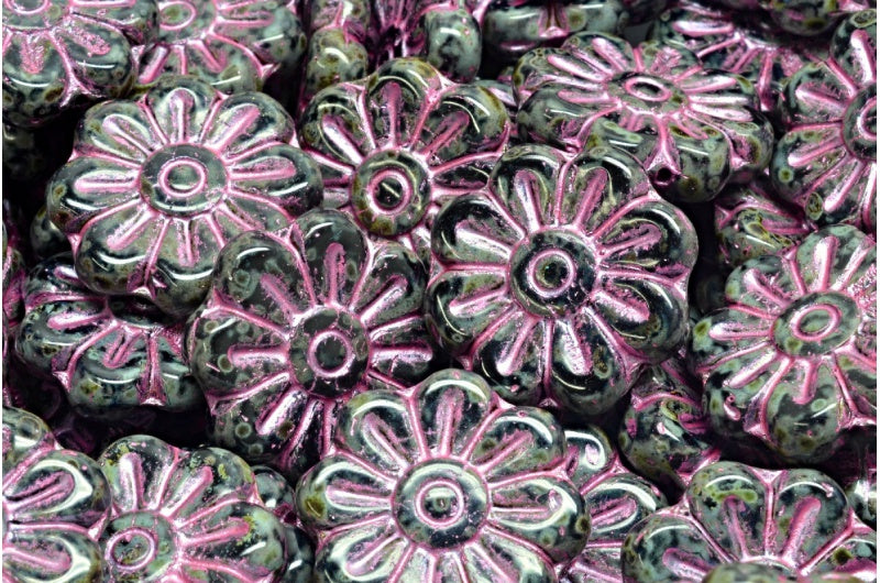 Daisy Flower Bead, Black Travertin Pink Lined (23980-86800-54321), Glass, Czech Republic