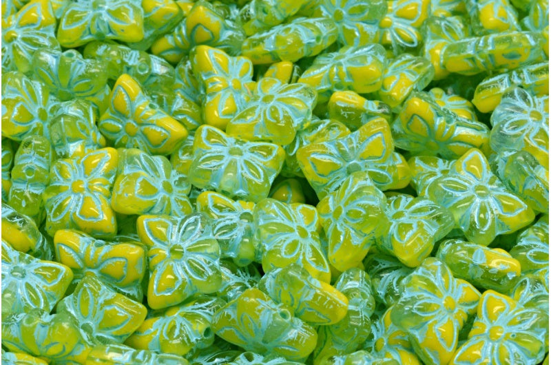 Butterfly Beads, Yellow Light Blue Lined (R0812-54308), Glass, Czech Republic