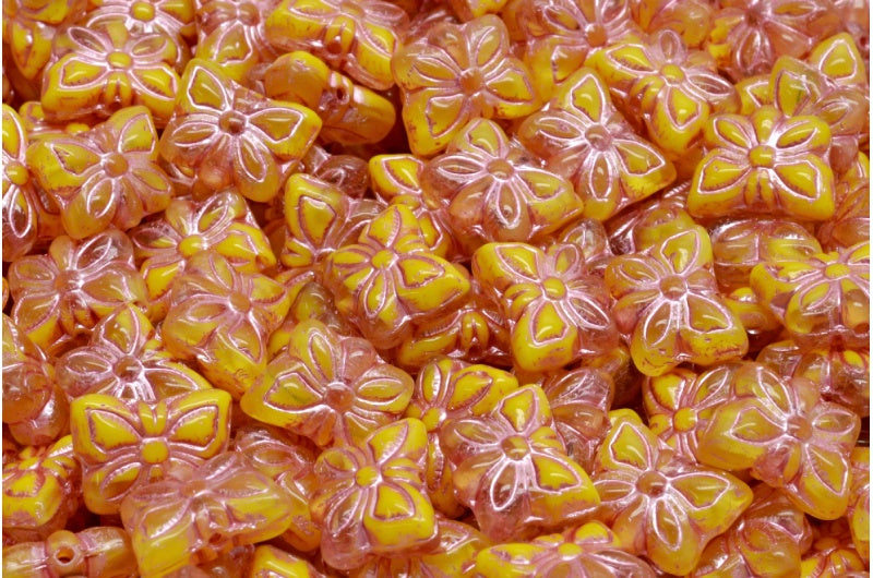 Butterfly Beads, Yellow Pink Lined (R0812-54321), Glass, Czech Republic