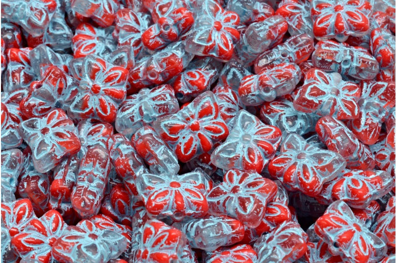 Butterfly Beads, Red Light Blue Lined (R0930-54308), Glass, Czech Republic