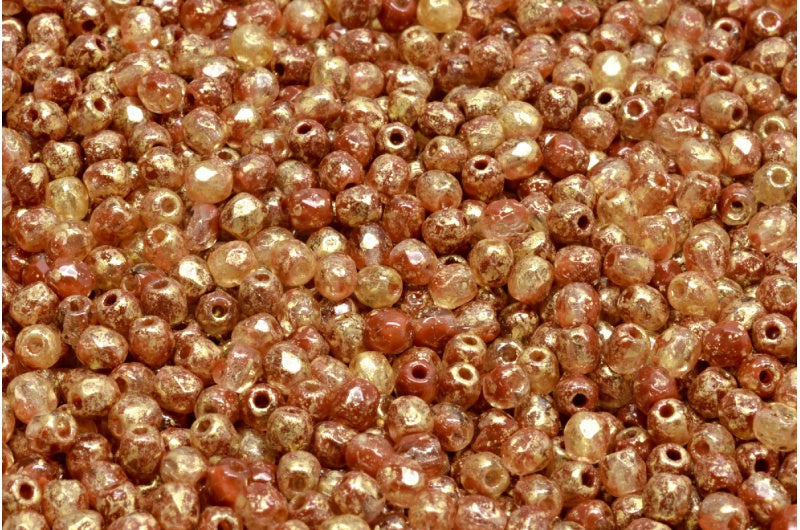 Faceted Round Fire Polished Beads, Opaque Brown Opal White Gold Splash (13600-01000-94401), Glass, Czech Republic