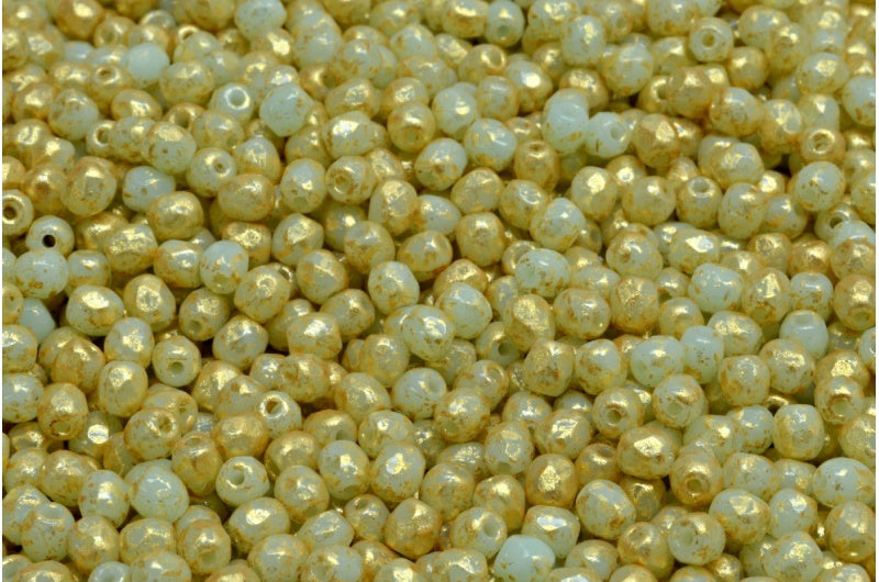 Faceted Round Fire Polished Beads, Opaque Green Gold Splash (53100-94401), Glass, Czech Republic