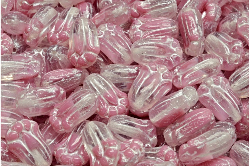 Tulip Bud Beads, Pink White Lined (R0732-54312), Glass, Czech Republic