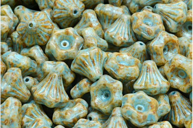 Flower Bell Beads, White Travertin Light Blue Lined (02010-86800-54308), Glass, Czech Republic
