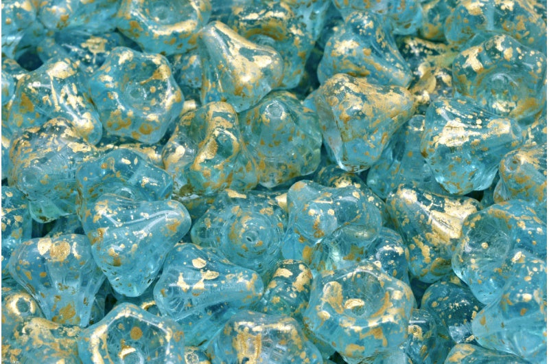 Flower Bell Beads, 20220 Transparent Aqua Gold Splash (20220-60000-94401), Glass, Czech Republic