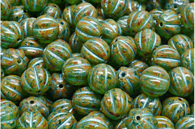 Melon Beads, Transparent Aqua Stain Strong Blue Lined (60220-86805-54323), Glass, Czech Republic