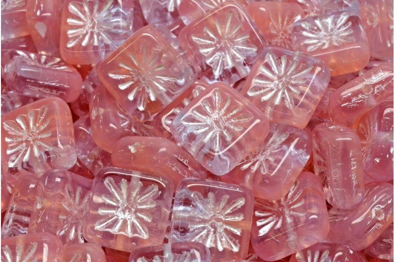 Squared Kiwi Beads, 20220 Opal Pink White Lined (20220-72010-54312), Glass, Czech Republic