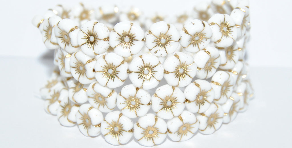 Hawaii Flower Pressed Glass Beads, White Gold Lined (02010-54202), Glass, Czech Republic ~ STRANDED