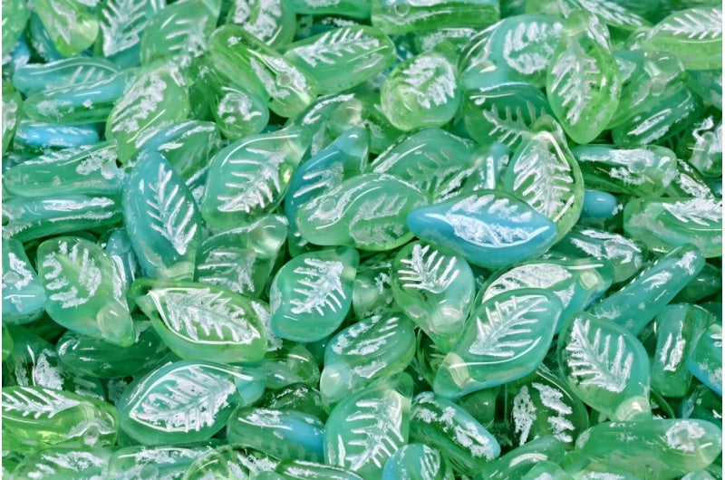 Bay Leaf Beads, Transparent Green Blue White Lined (50520-63020-54312), Glass, Czech Republic
