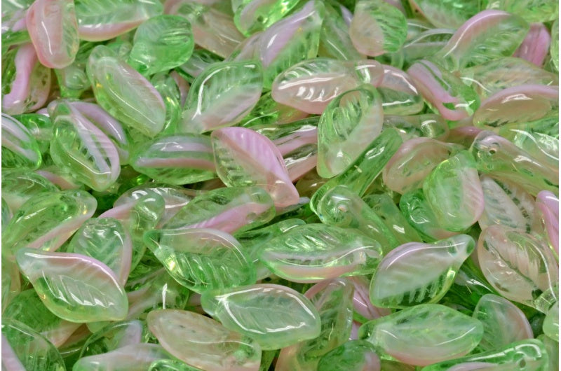 Bay Leaf Beads, Transparent Green Opaque Pink (50520-76018), Glass, Czech Republic