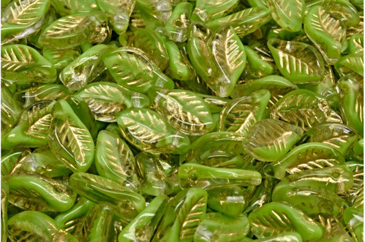 Bay Leaf Beads, Opaque Green Gold Lined (56018-54302), Glass, Czech Republic