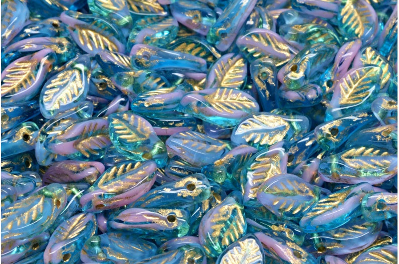 Bay Leaf Beads, Transparent Aqua Opaque Pink Gold Lined (60020-76018-54302), Glass, Czech Republic