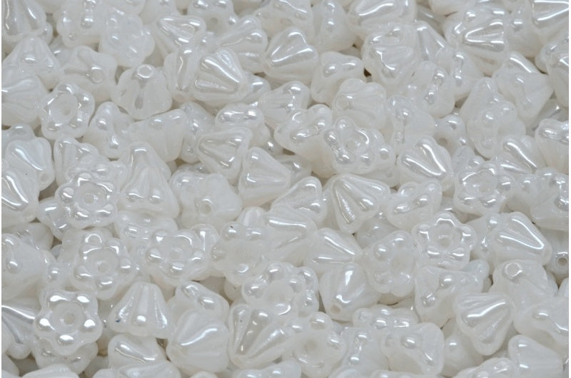 Bell Flower Beads, White Rainbow Iris (02010-21402), Glass, Czech Republic