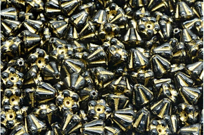 Bell Flower Beads, Black Gold Lined (23980-54302), Glass, Czech Republic