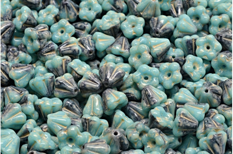 Bell Flower Beads, R2363 Beige Travertin Spotted (R2363-33301), Glass, Czech Republic