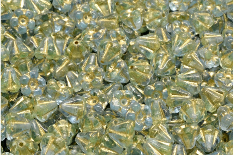 Bell Flower Beads, Mix Yellow Blue Gold Lined (87301-54302), Glass, Czech Republic