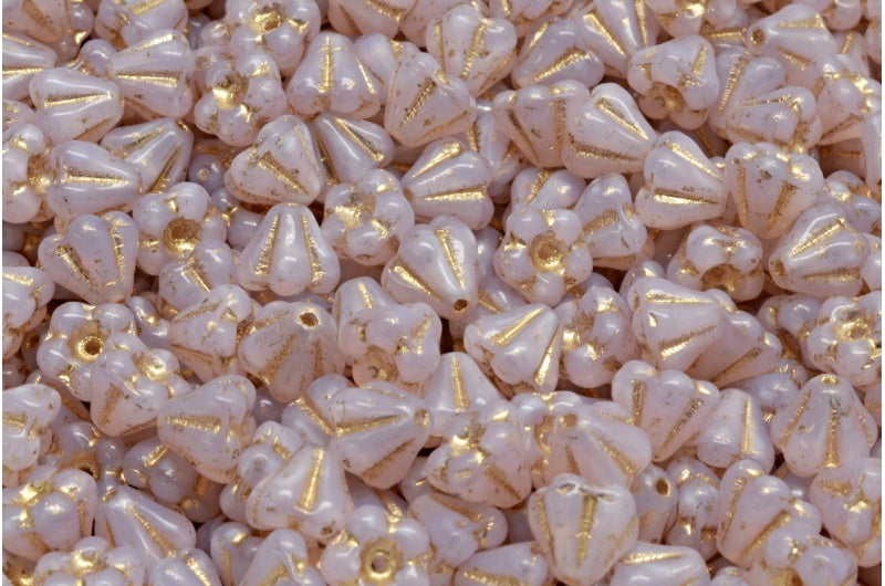 Bell Flower Beads, Opal Pink Gold Lined (71200-54302), Glass, Czech Republic