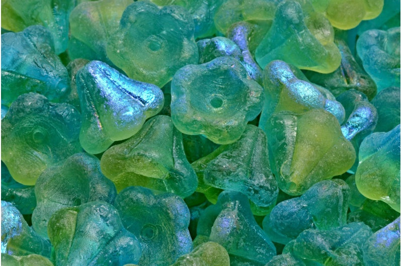 OUTLET 10 grams Bell Flower Beads, 11 x 13 mm, R0065 Etched Ab (R0065-etch-28701), Glass, Czech Republic