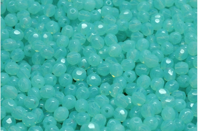 アウトレット 10グラム ファセットラウンドファイアポリッシュビーズ、4 x 4 mm、オパールアクア（61010）、ガラス、チェコ共和国