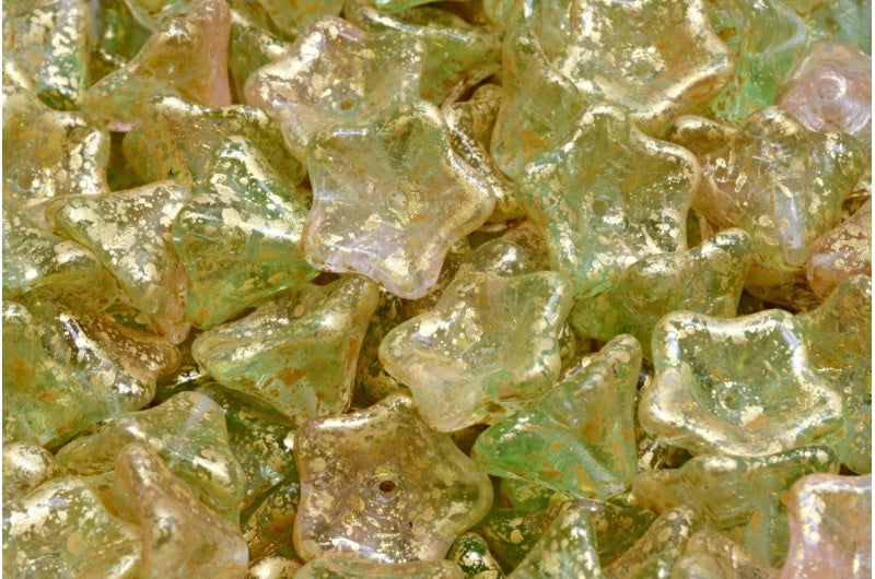 矮牵牛花珠，透明绿透明粉金色泼溅 (50500-70110-94401)，玻璃，捷克共和国