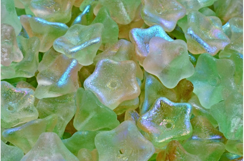 OUTLET 10 grams Petunia Flower Beads, 8 x 13 mm, Transparent Green Transparent Pink Etched Ab (50500-70110-etch-28701), Glass, Czech Republic