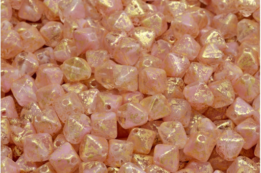 Bicone Beads, Opaque Pink Gold Splash (76018-94401), Glass, Czech Republic