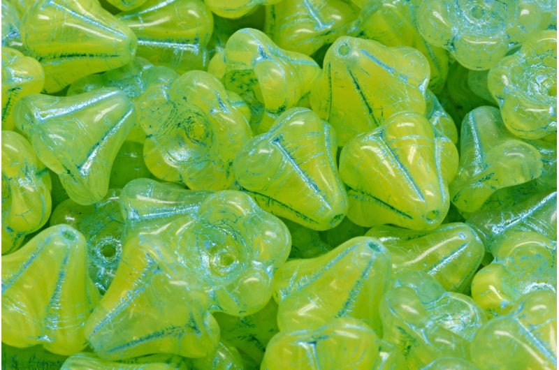 Bell Flower Beads, Yellow Light Blue Lined (R0812-54308), Glass, Czech Republic