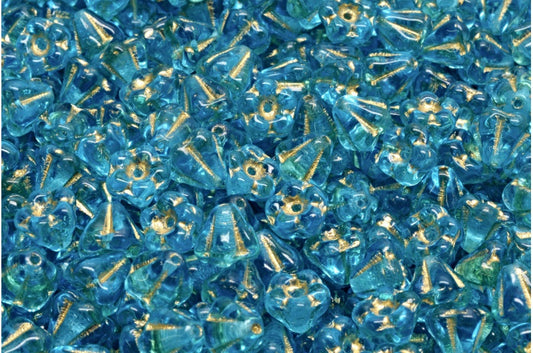 Bell Flower Beads, Transparent Aqua Gold Lined (60020-54302), Glass, Czech Republic