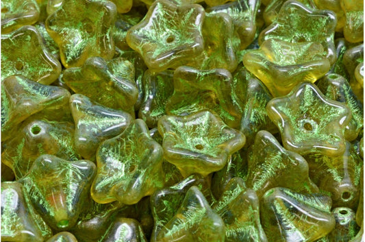 OUTLET 10 grams Petunia Flower Beads, 8 x 13 mm, Transparent Green Stain Strong Green (50200-86805-43813), Glass, Czech Republic